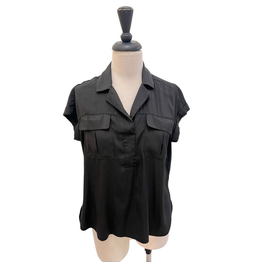Rose & Olive Women's 1/2 Button Collared Short Sleeve Blouse Top Black Size XS
